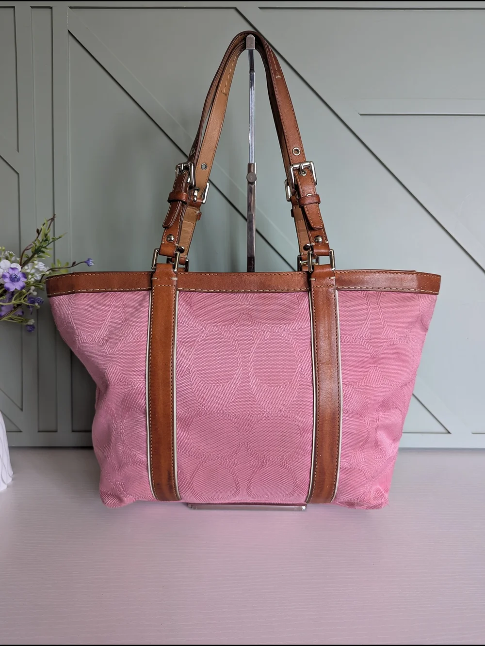 Coach Pink Canvas Tote with Brown Leather Trim